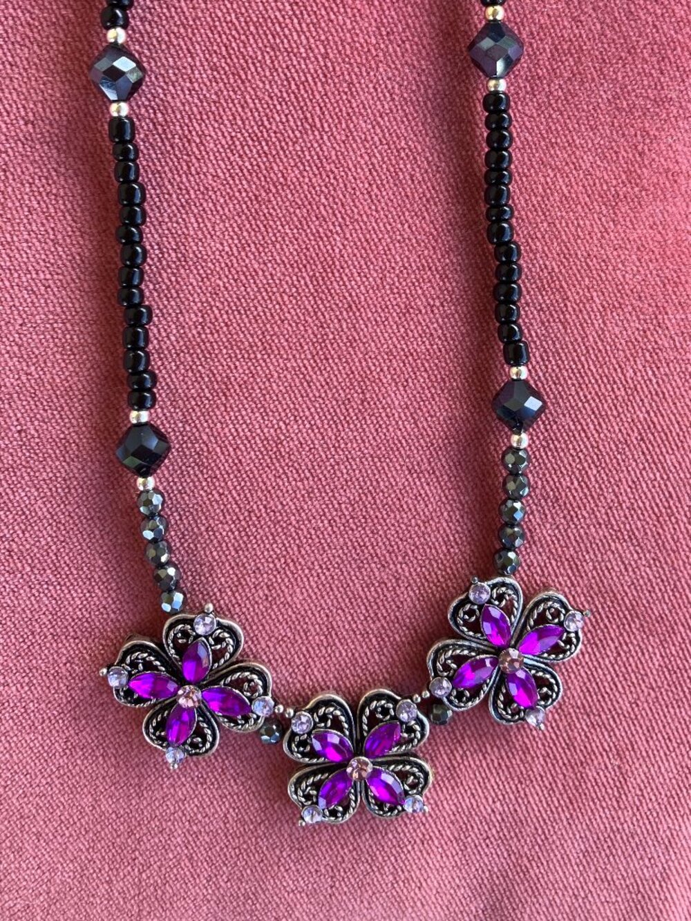 Sparkly Blingy Purple Pink Lavendar Black Silvertone Necklace-Handmade by Me!